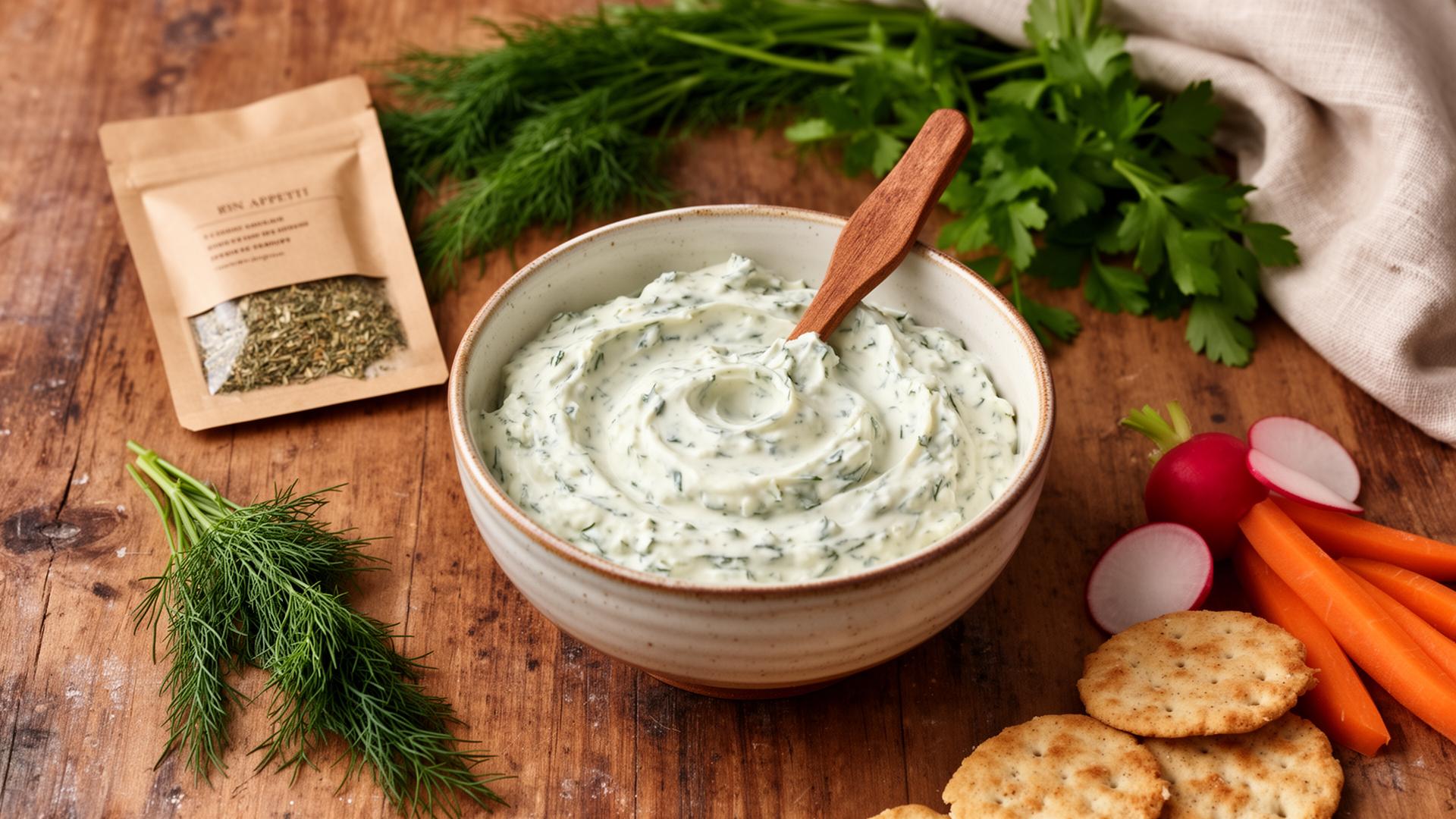 Freshly mixed creamy herb dip in a ceramic bowl with crackers and crudités
