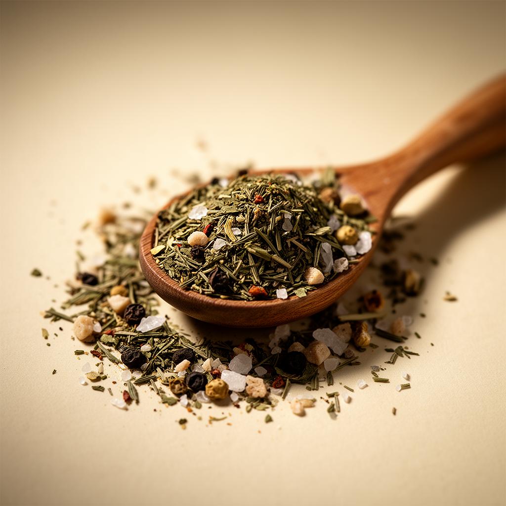 A small wooden spoon piled with fragrant dry herb mix